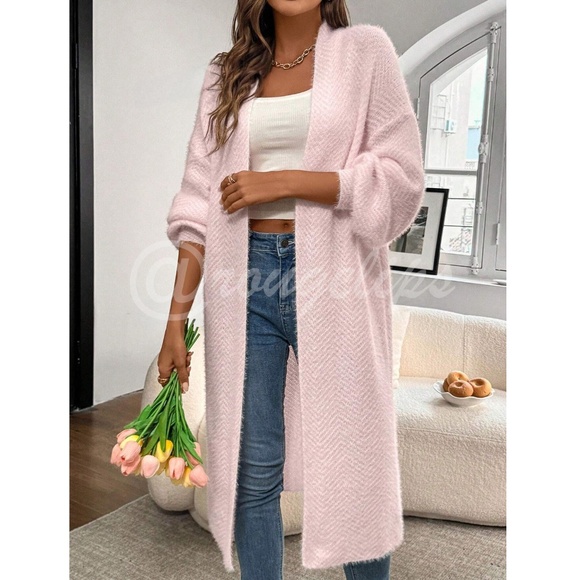 Fuzzy Chevron Pink White Open Cardigan Long Bishop Sleeve Soft - Picture 2 of 8